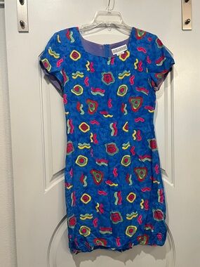 Vintage Jessica Howard Blue Dress with Neon Abstract Shapes. So retro!